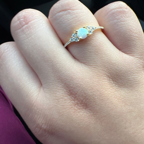 White Opal Ring, Opal Stacking Ring, White Opal and CZ Ring, Dainty ...