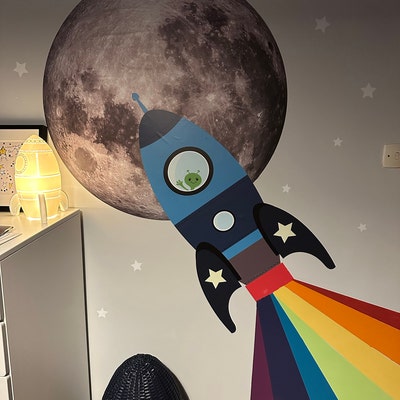 Blue Blast off Rocket Wall Sticker, Space Wall Sticker, Rocket Wall ...