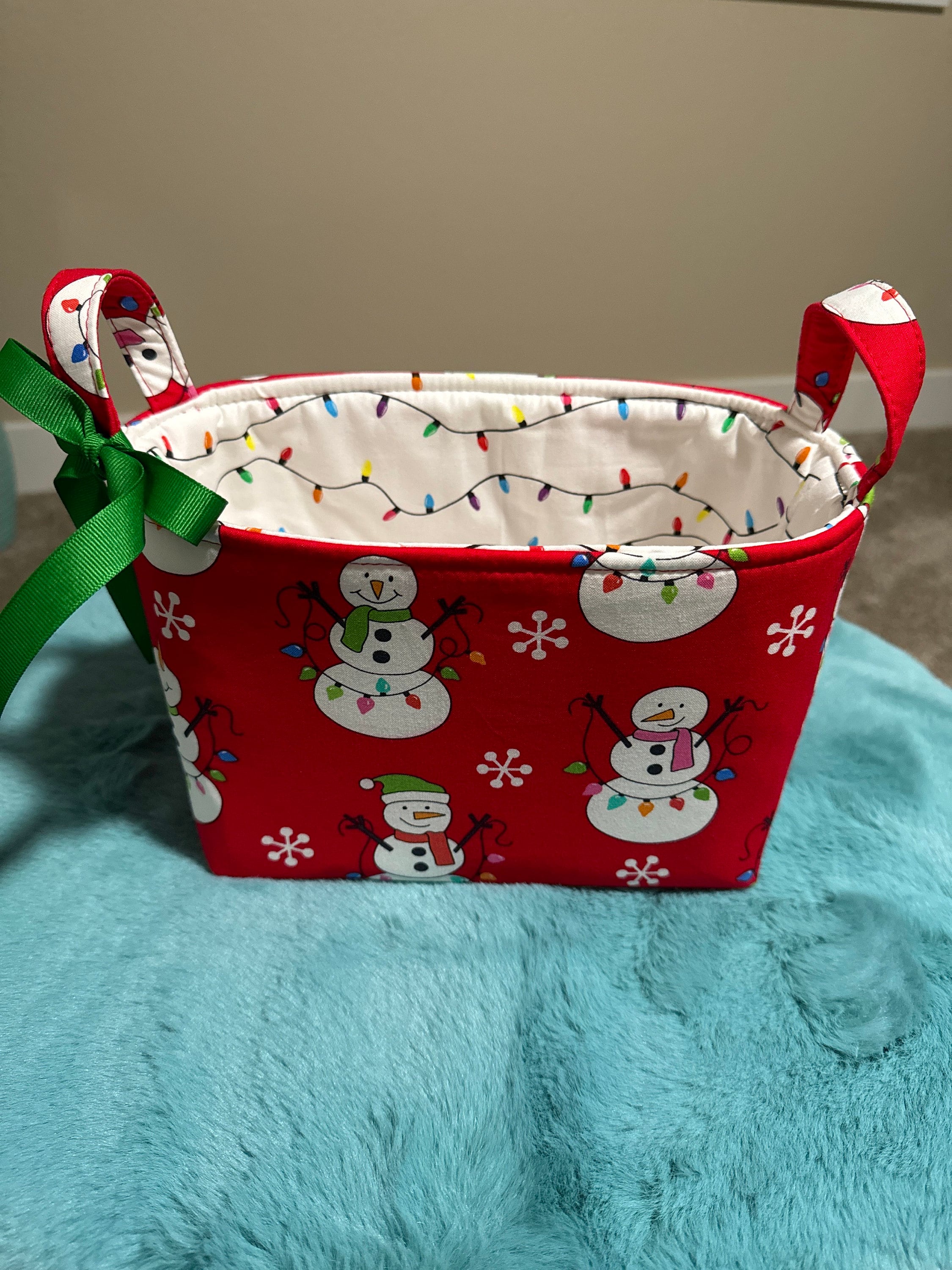 Snowman and Christmas Lights on Red, Holiday Xmas Fabric, Storage Organization Container Bin Organizer Basket
