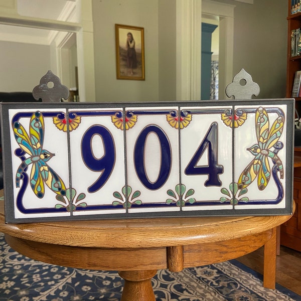 Dragonfly House Numbers | Blue on White Ceramic Tile | Dragonfly End ...