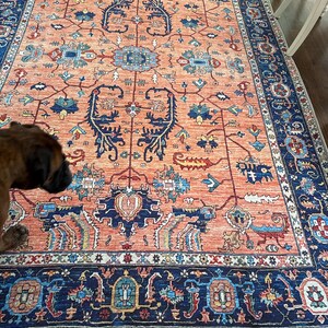 大判/くすみオレンジとネイビーブルーのトルコラグNo.761 Orange Anatolian Rug: Washable Chenille, Traditional Floral Design