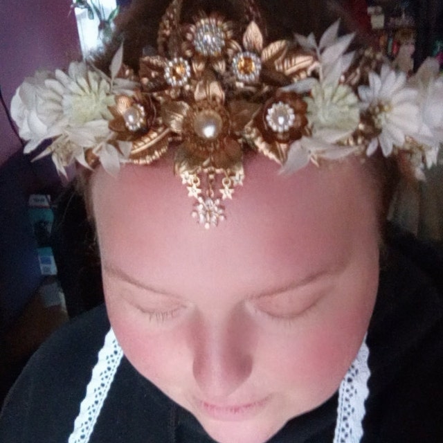 Celestial Bridal Tiara, Gold Wedding Crown, White Floral