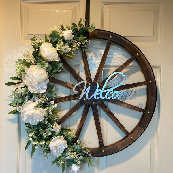 Farmhouse Peony Wagon Wheel Wreath, All Seasons Everyday Rustic Country ...