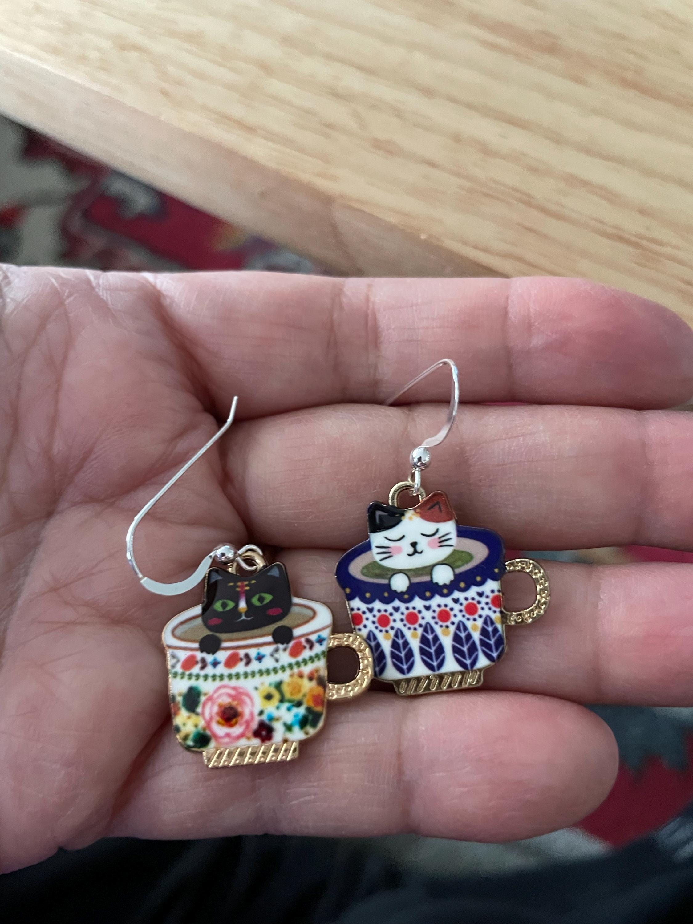Silver dangle/ drop earrings with mismatch cat in a teacup charms, cat earrings, cat jewellery, mismatch earrings