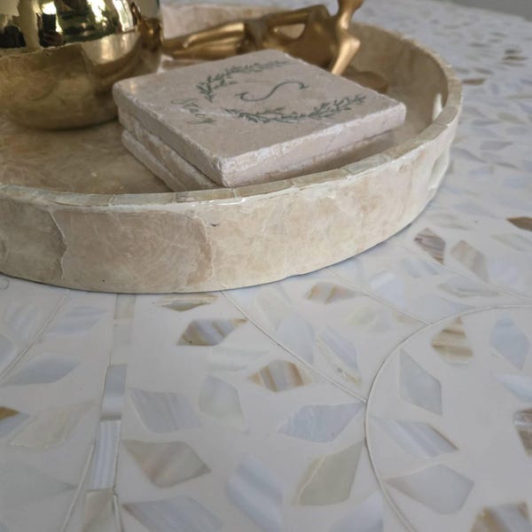 Round Gold Capiz Mother of Pearl Shell Serving Tray, Lacquer Wooden ...