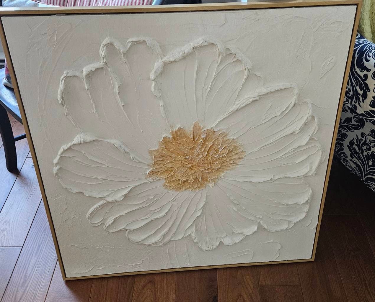 3D Texture Flower Painting on Canvas Large Flower Wall Art Creamy White Minimalist Painting Gold Texture Art Boho Minimalist Floral Art