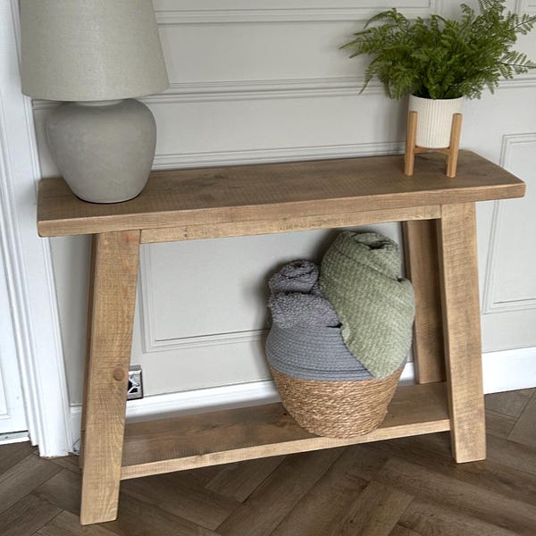 Rustic Wooden Console Table With Angled Legs and Lower Shelf - Etsy UK