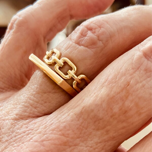 14K Gold Chain Ring, Chain Link Ring, Thick Chain Curb Ring, Bold Chain ...