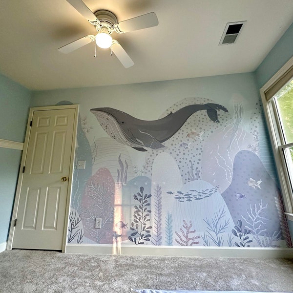Blue Whale Wallpaper Ocean Motif Nursery Decor Removable Flying Whale ...