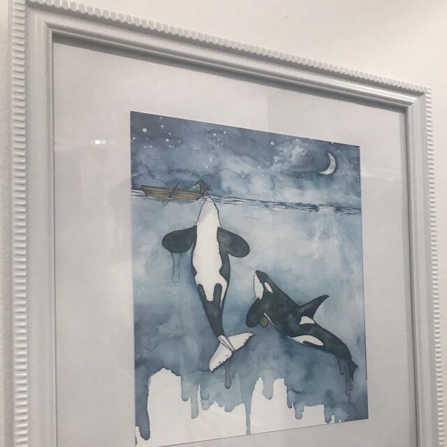 水彩画、イッカクの絵画、イッカク、イッカクのアート、クジラの育児室