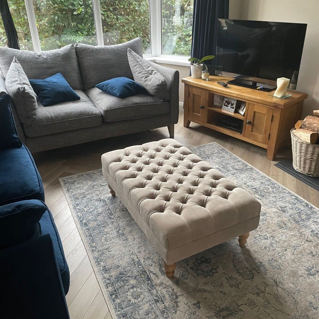 Deep Cushioned Extra Large Sand Naples Chesterfield Footstool Coffee Table.