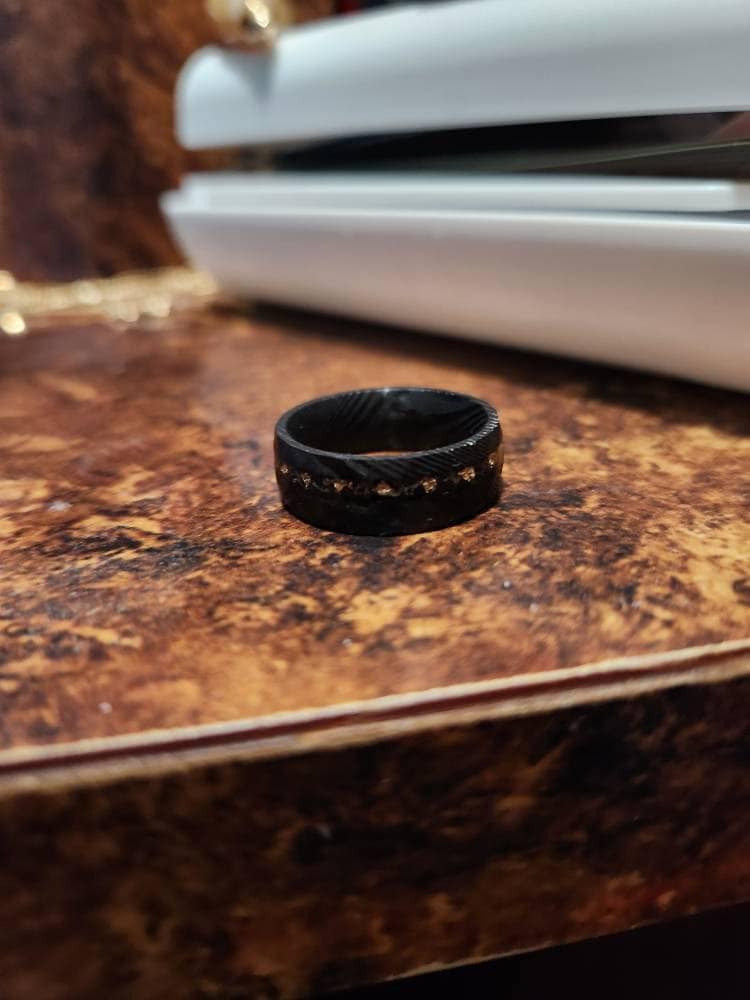 Damascus Meteorite & Crushed Gold Leaf, Crushed Gold Leaf Ring, Meteorite Ring, Man Wedding Band, Black Steel Hammered Ring, 8mm Ring