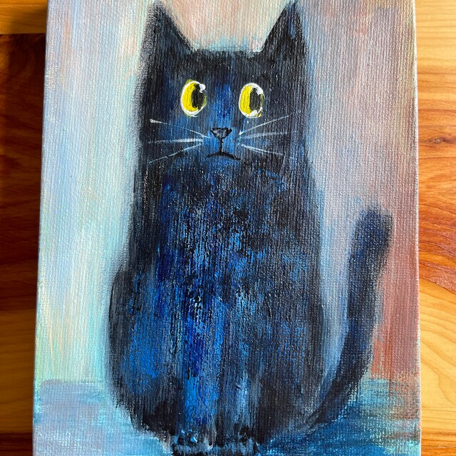 黒猫の絵画、猫アート、猫好きへのギフト、黒の抽象画、キャンバスに