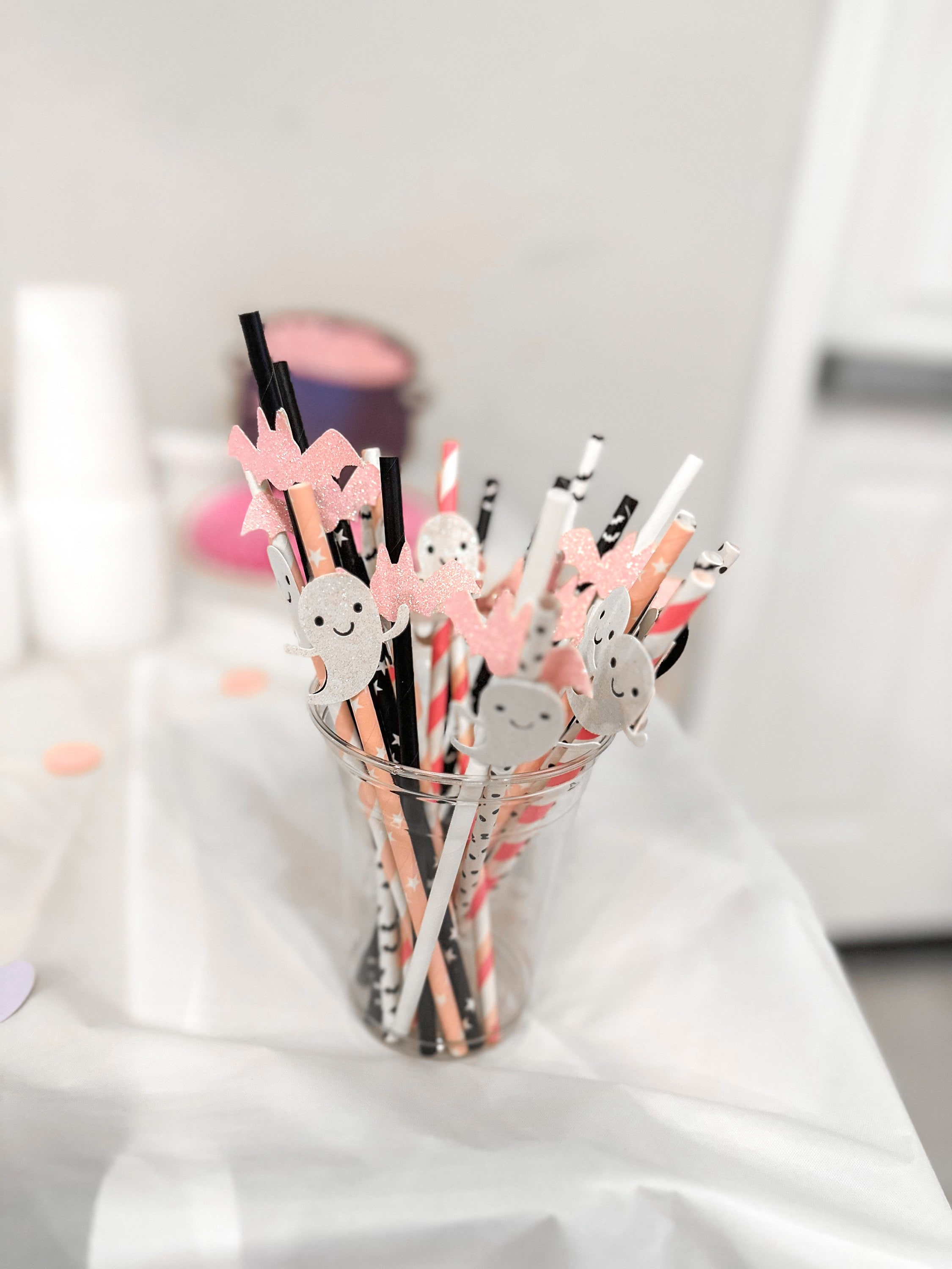 Pink Halloween Decorations. Ghost Party Straws. Pink Halloween Birthday. Ghost Birthday Decorations. Girl Halloween Birthday Decor.
