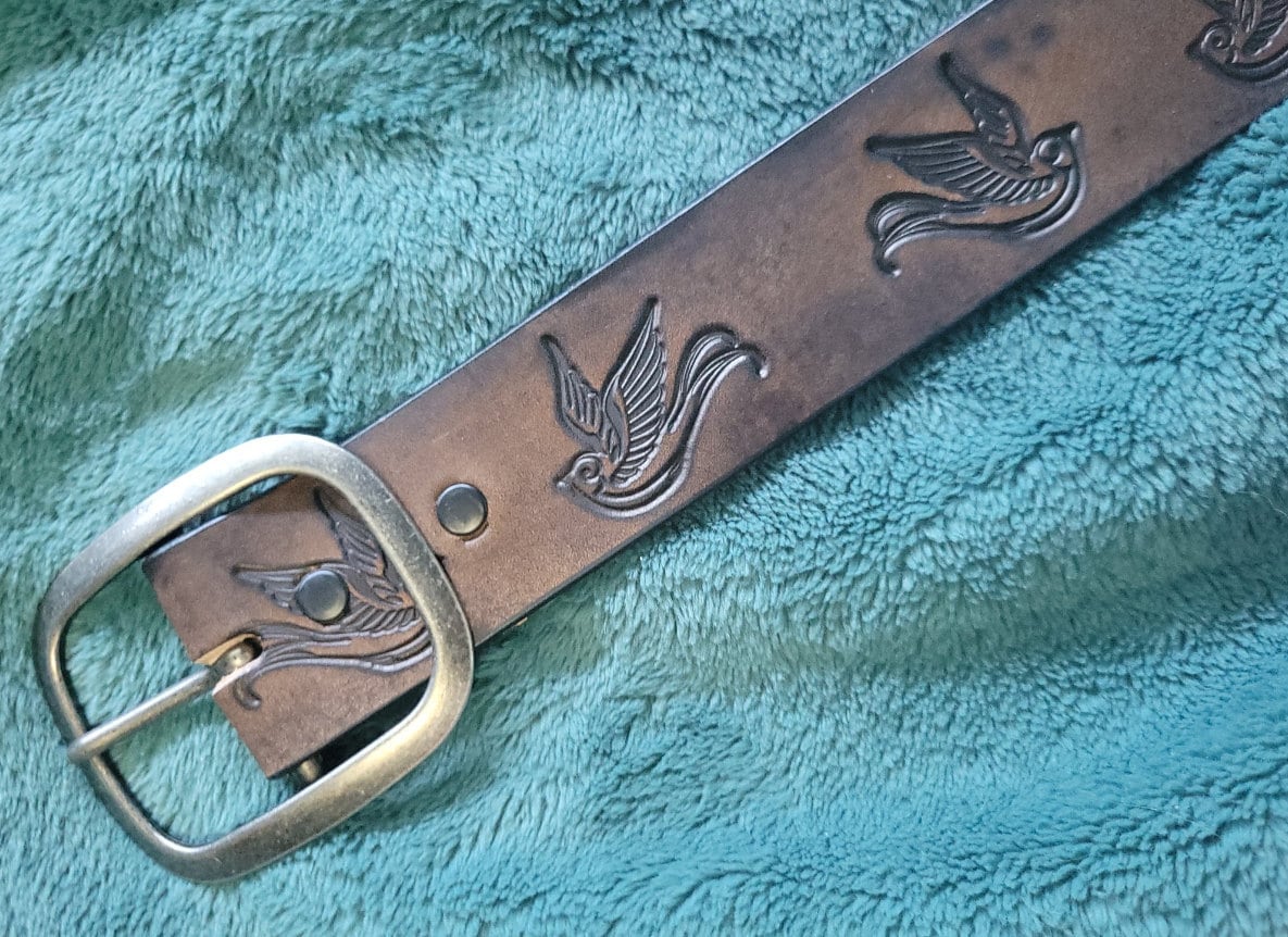 Leather Belt Sparrow Vintage Aged Leather belt - embossed sparrow snap belt  Handmade in USA Groomsmen Wedding Swallow Bird Tattoo Flash Art