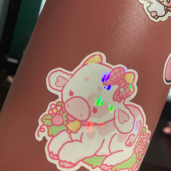 Strawberry Cow - Holographic Vinyl Sticker - Etsy