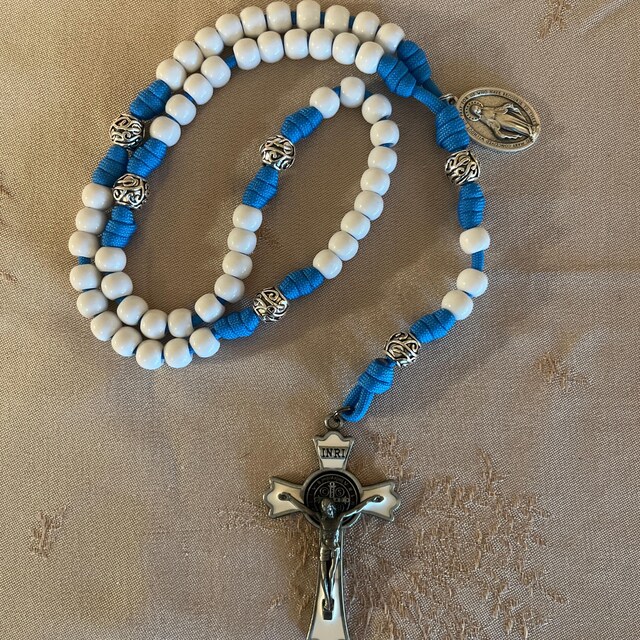 Mother Mary Catholic Rosary. Benedict Crucifix. White Gloss