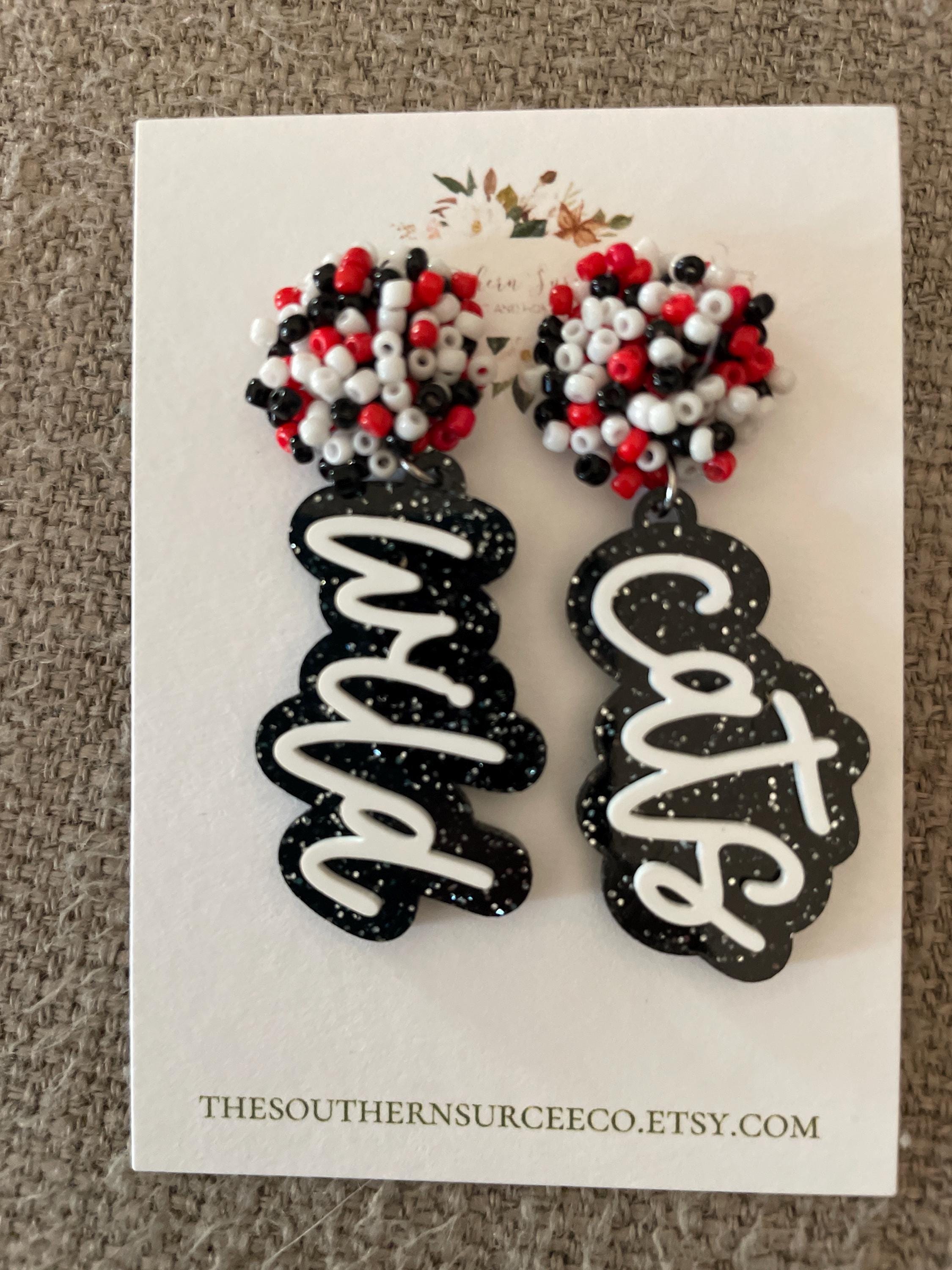 Script Spirit Earrings | Cheer Seed Bead Pom | School Colors | Team Game Day Mix & Match | Custom | High College Sports | Mascot | Player #
