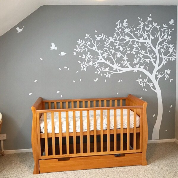 White Tree Decal Large Nursery Tree Decals With Birds Unisex White Tree ...
