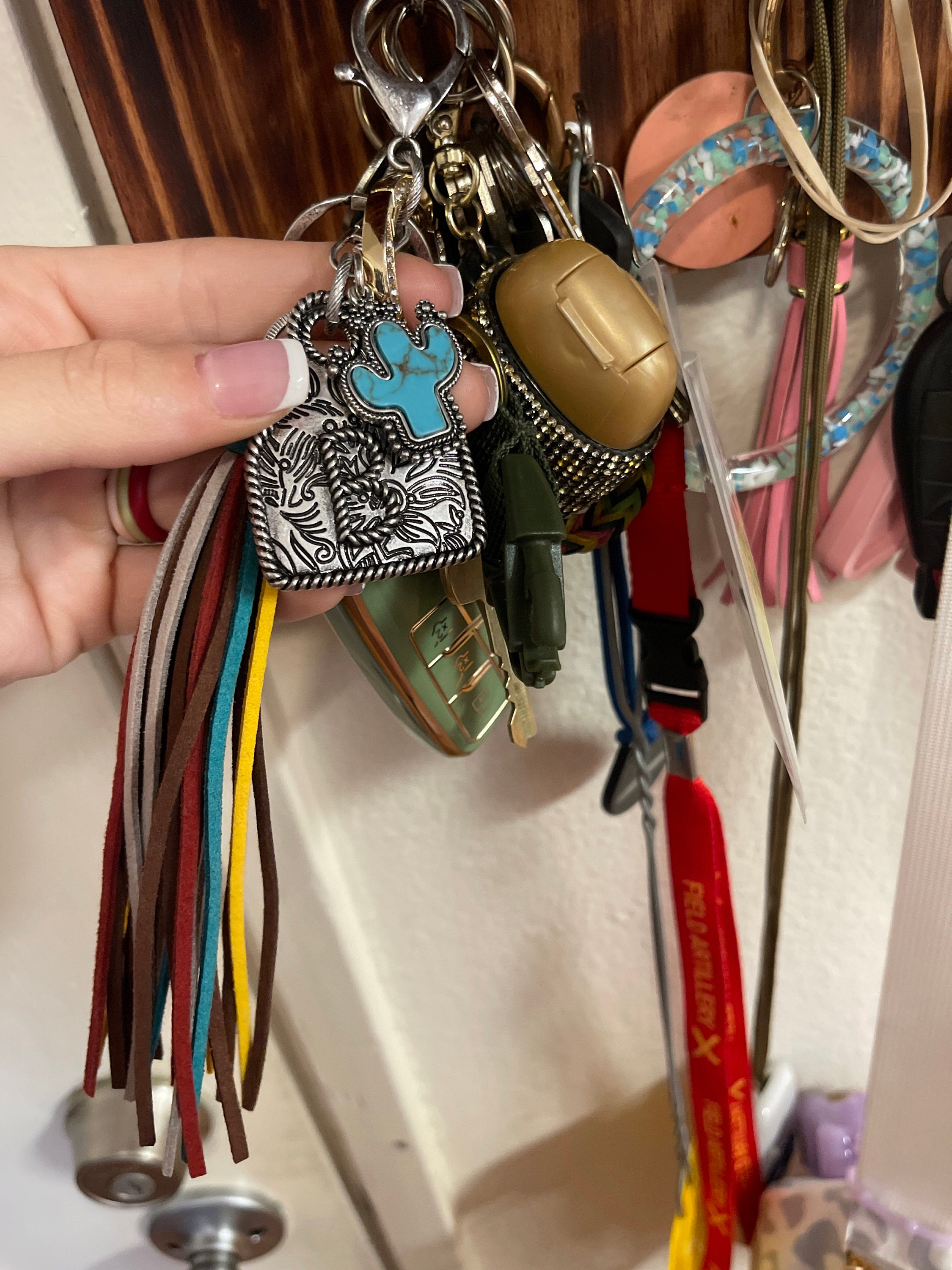Initial Monogram Keychain/ Turquoise Charm/Initial Cattle Ear Tag Keychain/multi color tassel fringe keychain
