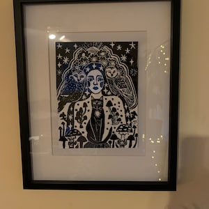 Goddess Cat Owl Lino Print, Witchy Mushroom Art - Etsy