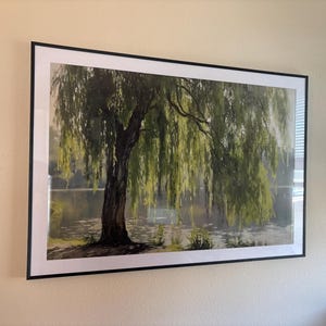 Green Willow Tree Painting: Impressionist Lake House Art (digital