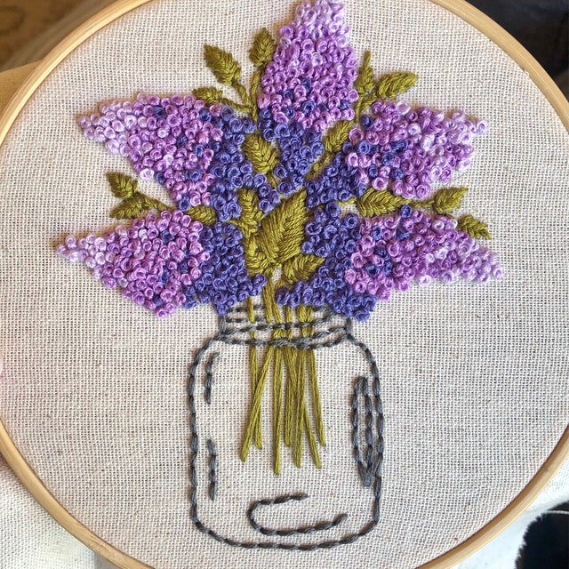 DIY Embroidery Kit Lilacs in a mason jar - DIY Craft Kit - Beginner Embroidery  Kit - purple floral Embroidery Kit - french knot kit — Handstitched Studio