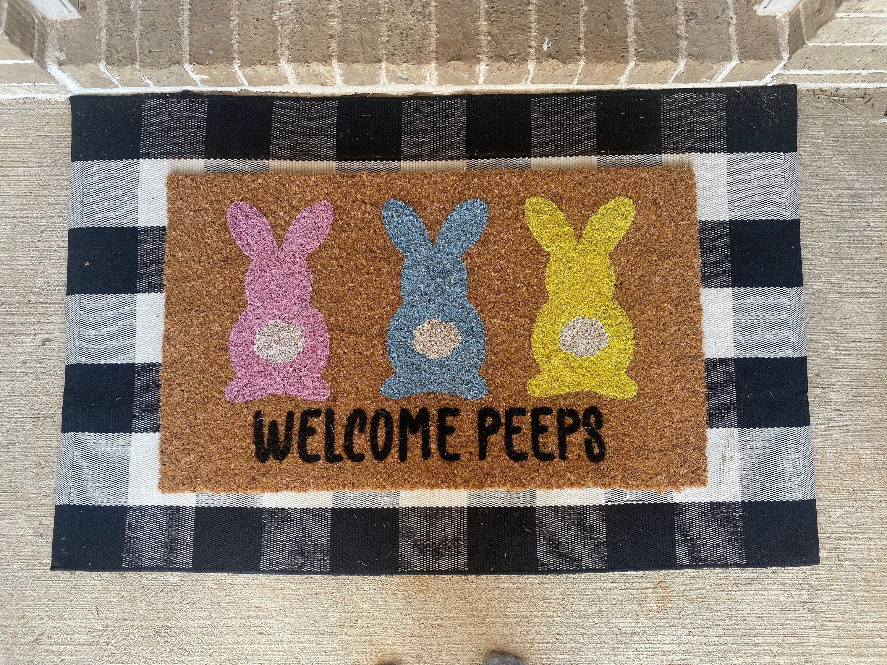 Welcome Peeps Easter Doormat | Cute Easter Bunny Front Doormat | Fun Colorful Pastel Spring Doormat | Personalized Custom Housewarming Gift