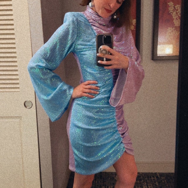 ビンテージドレス Lilac & Blue Sparkle 70's Disco Dress, Studio 54 Party Dress