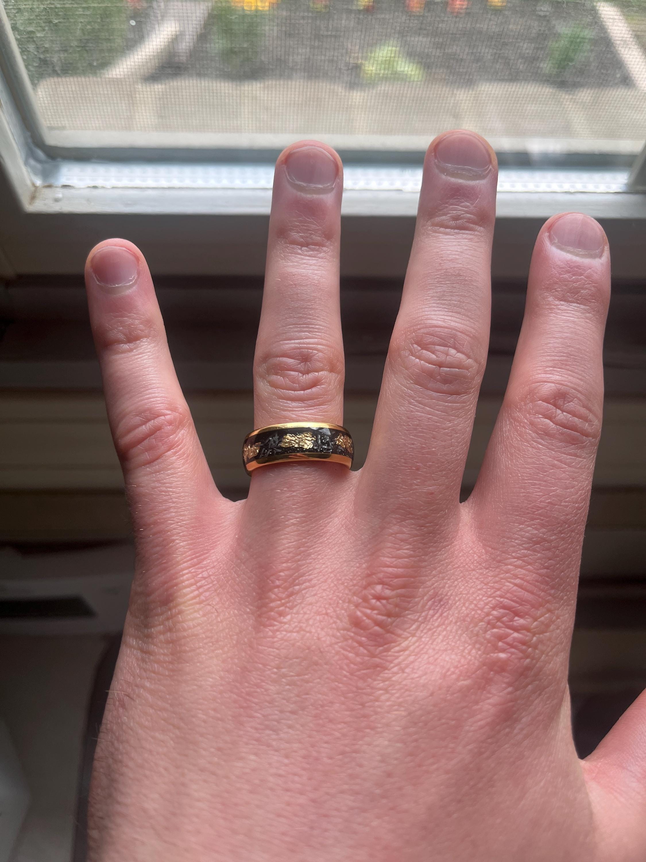 Meteorite Gold Leaf Flakes Wedding Band, Crushed Meteorite & Gold Ring, Mens Wedding Band, Tungsten Ring, Mens Ring, Promise Ring