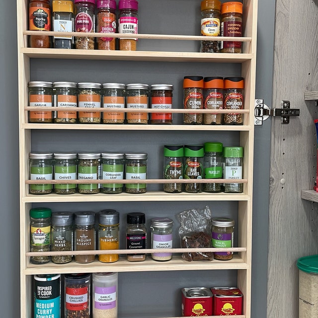 Oak Spice Rack 4 Shelf Deep Shelves for Jars Bottles Packets Wall