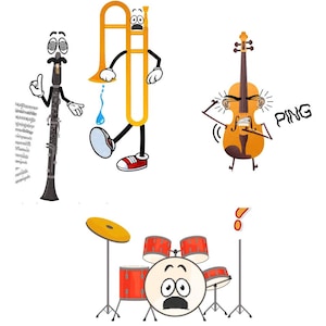 Insieme di strumenti musicali arpa, chitarra, sassofono, violino, batteria, fisarmonica, piano e banjo. Isolato su uno sfondo separato Immagine e Vettoriale