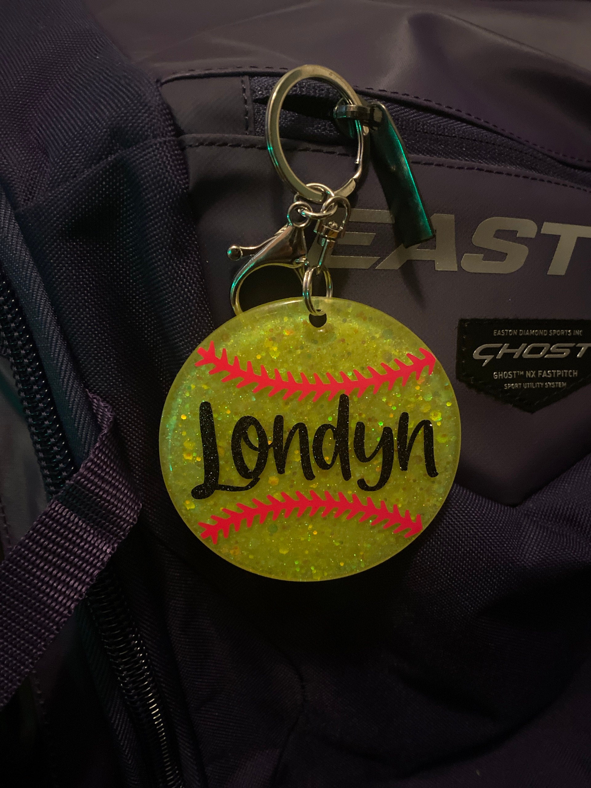 Custom, Glitter Softball Keychain/Bag Tag
