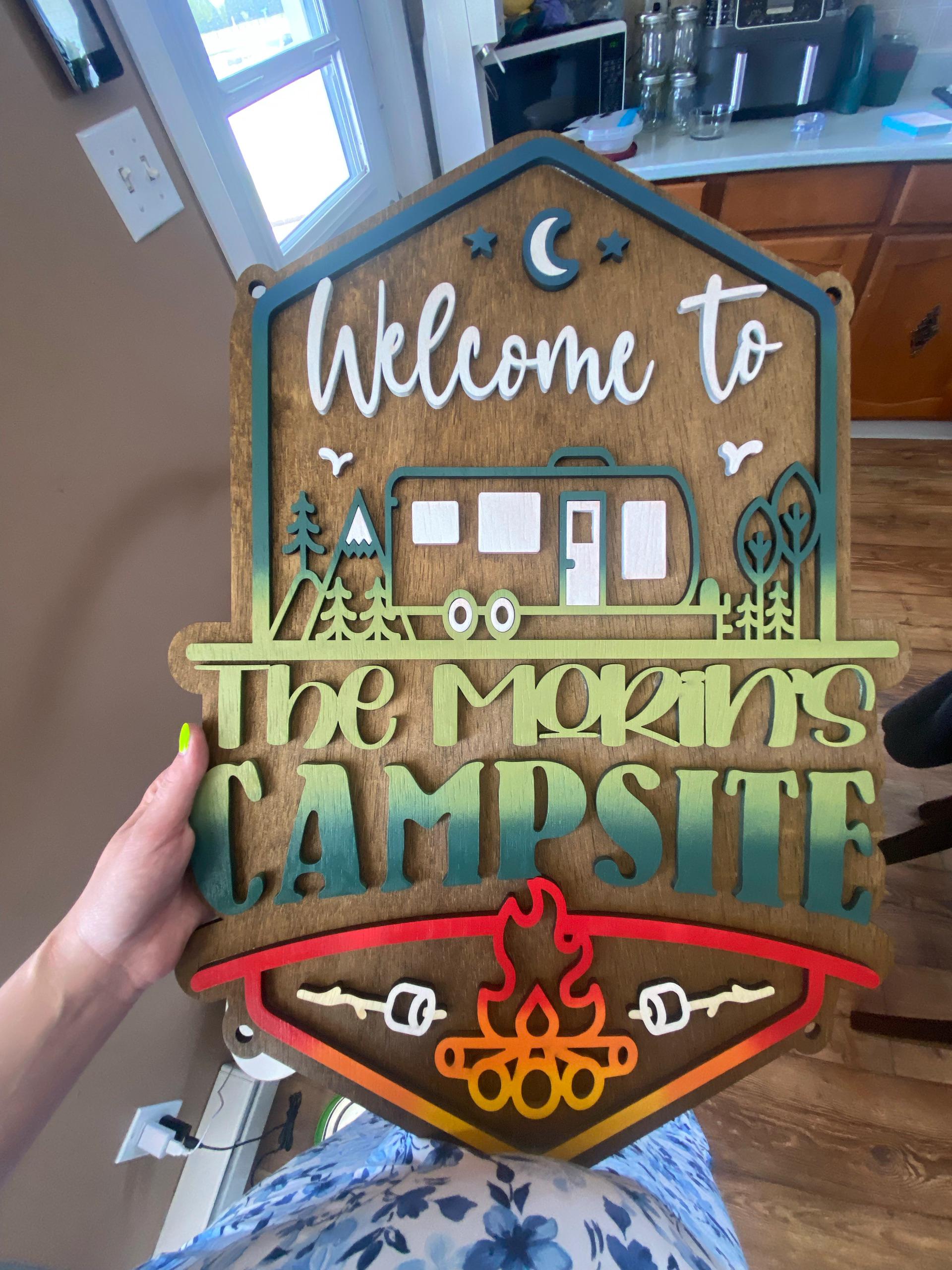 Welcome to our Mountain Campsite Personalized Sign Standard Size Only includes Yard Stake