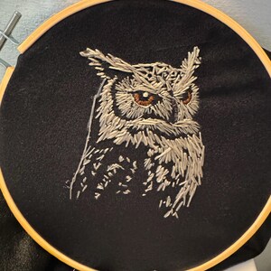 フクロウの刺繍デザイン、ダークテキスタイル用のミミズクのデジタル