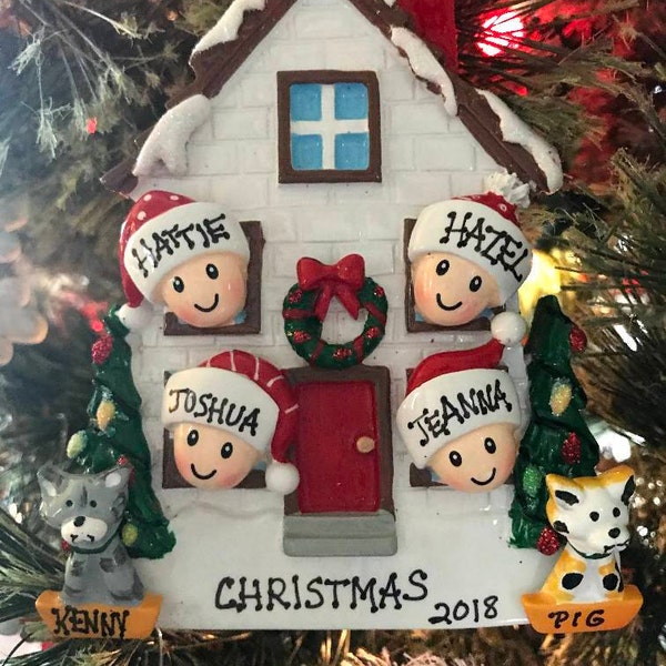 Personalized Family of 4 Home Ornament With 2 Dogs or Cats Added -4 ...