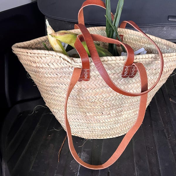 Handwoven Straw Bag With Leather Accents - French Market Basket, Eco ...