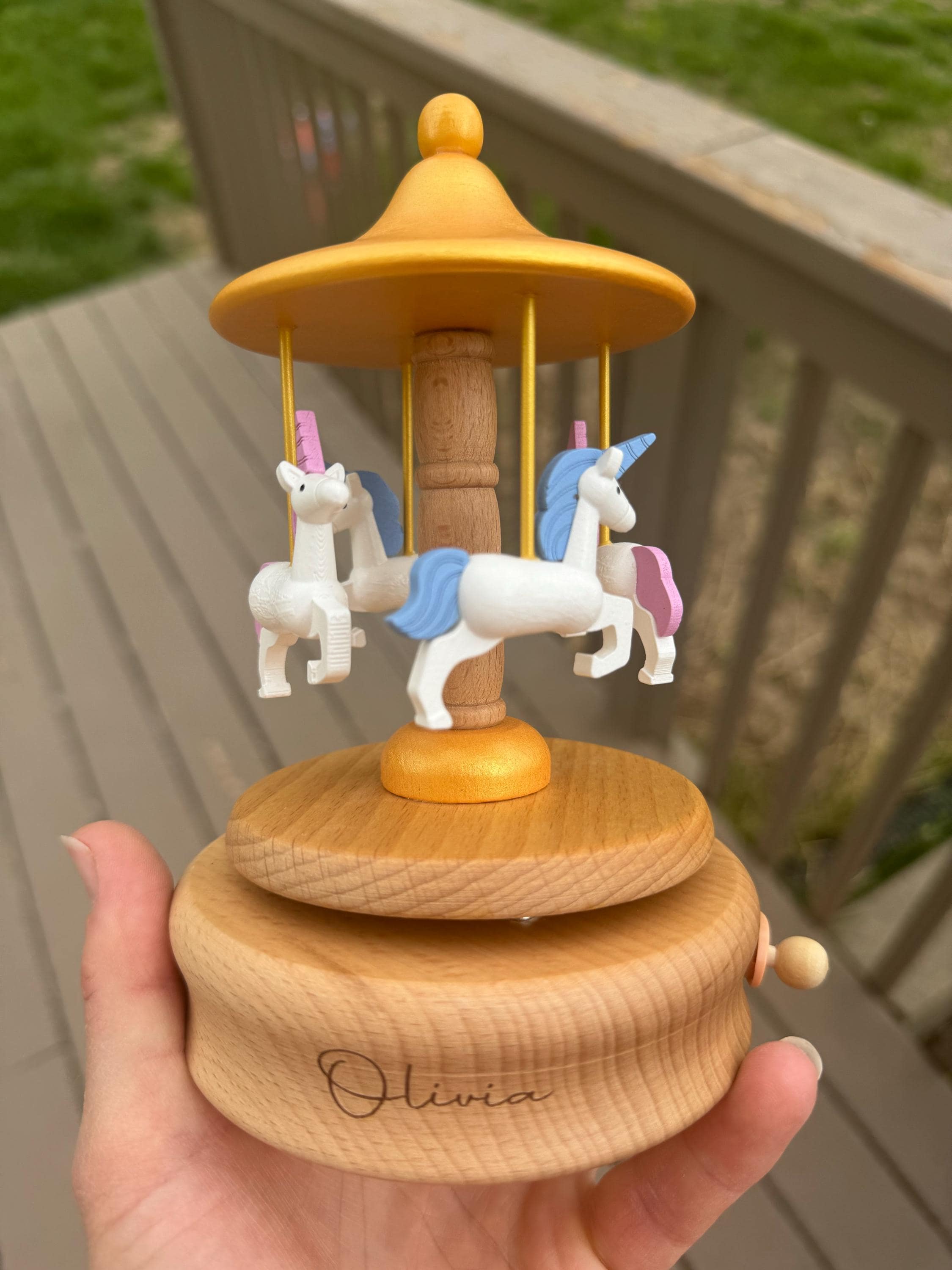 Musical Wooden Ballerina Carousel Keepsake,Engraved Name Music Box,Personalized Wooden Train Music Box,Baby Shower Gift,Newborn Gifts