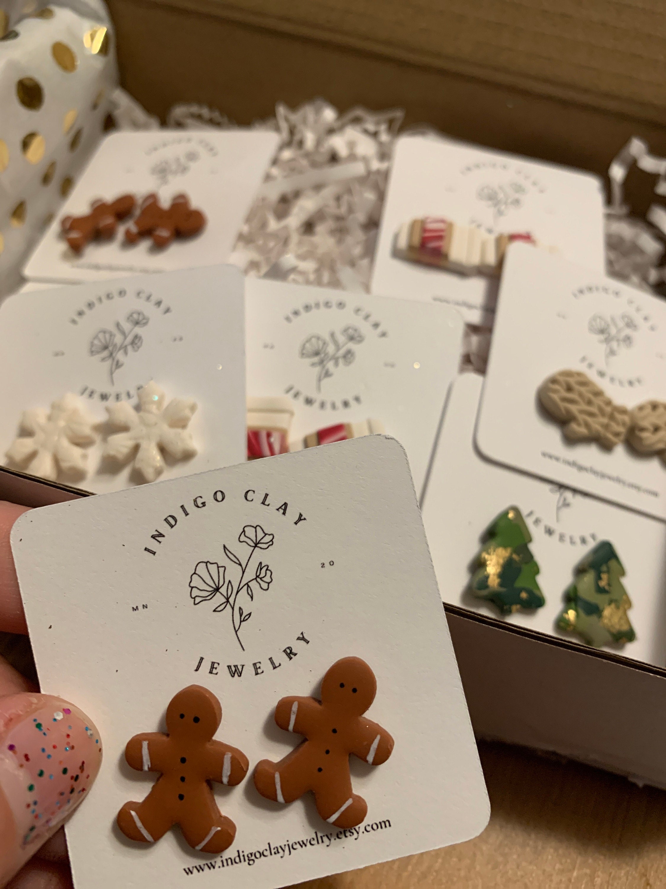 Holiday Studs | snowflake mocha latte coffee cup tree gingerbread man candy cane knit mitten holly leaf Bow polymer clay Christmas earrings