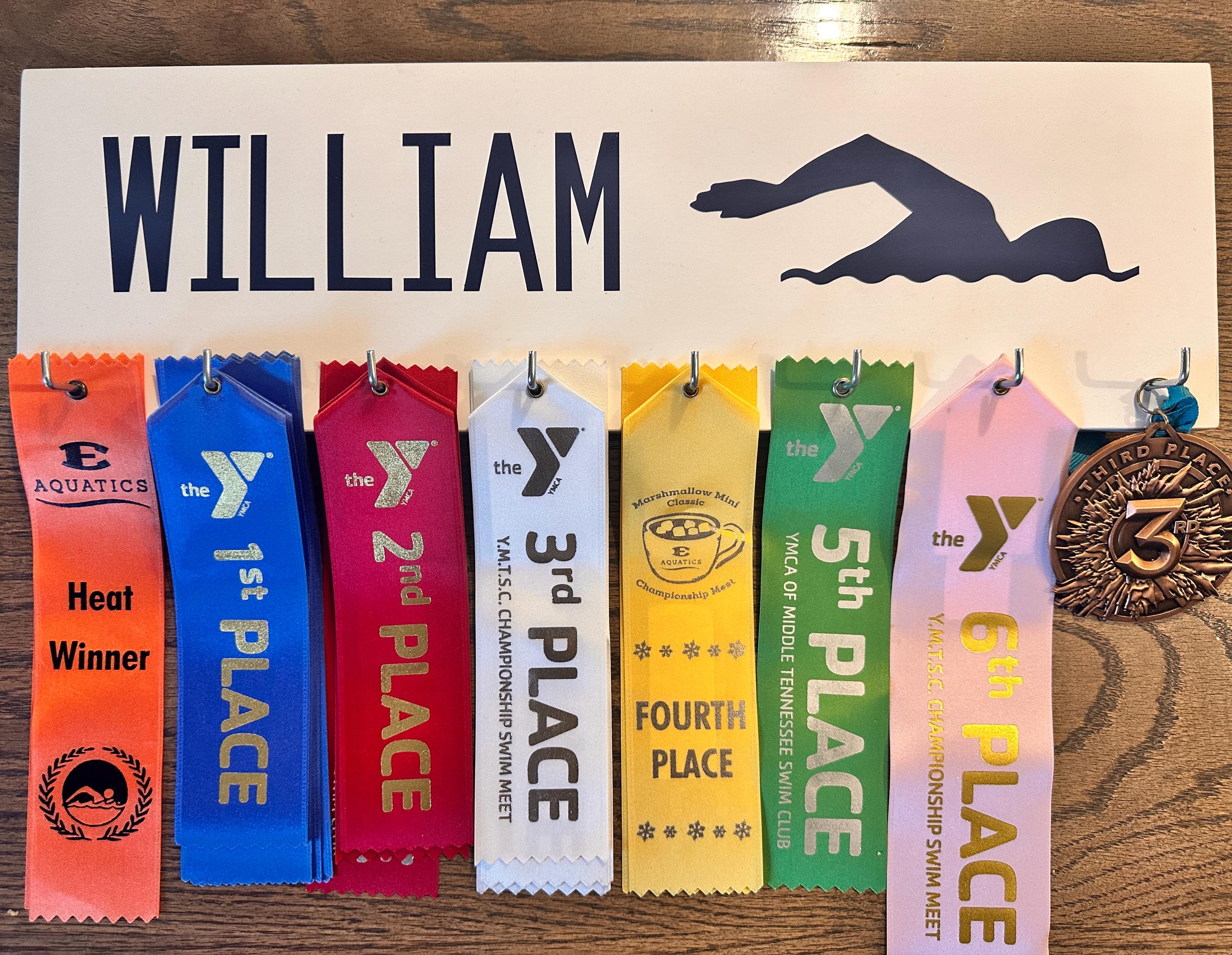 Personalized Swim Ribbon Holder Award Display with Hooks/Clips