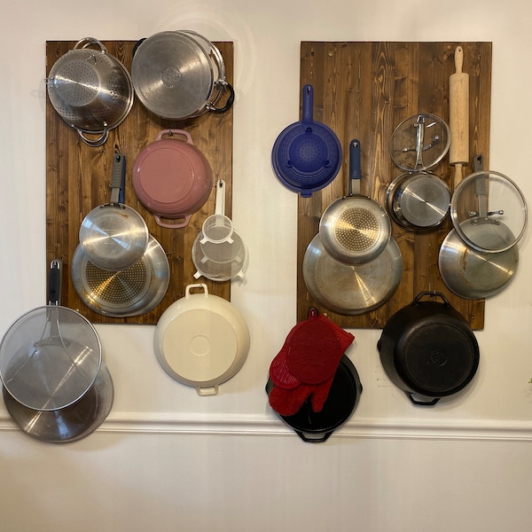 Handcrafted Solid Wood Wall Pot & Pan Rack - Vintage Style Skillet ...