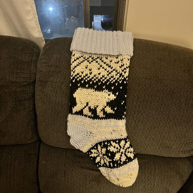 A customer's finished Polar Bear Stroll Stocking Crochet Pattern