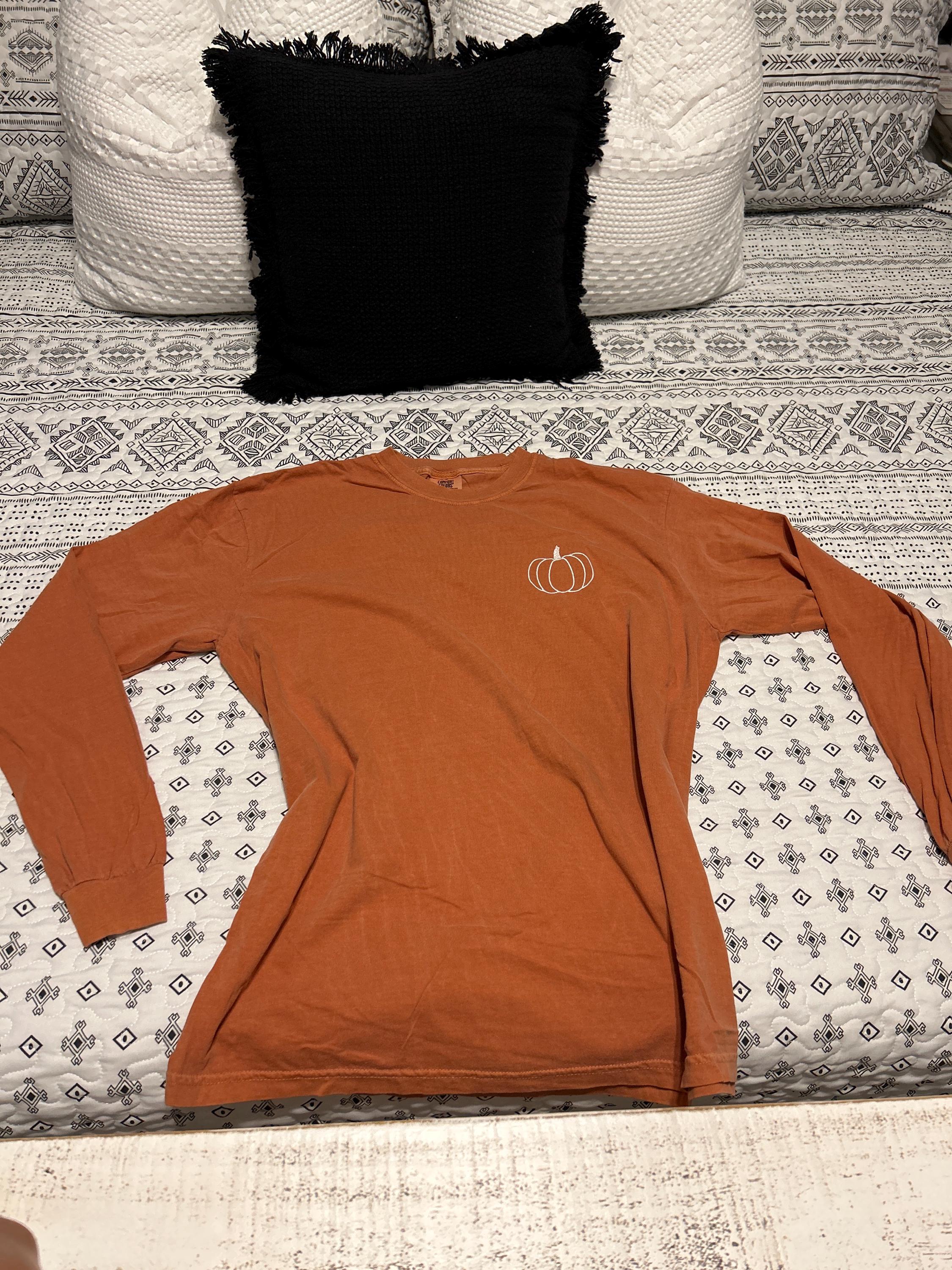 Pumpkin Comfort Colors Embroidered Tee - Pumpkin Outline T-Shirt - Simple Fall Pumpkin Crewneck T-Shirt - Minimal Fall Long Sleeve T-Shirt