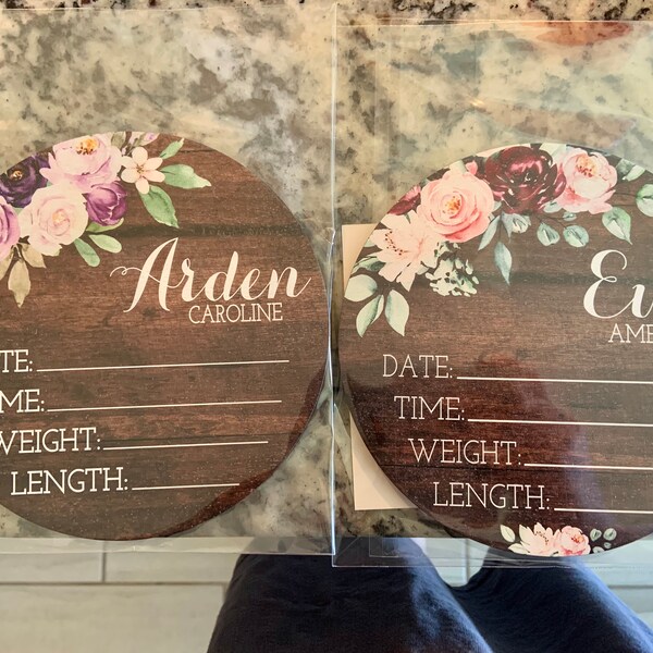 Purple Floral Birth Stats Round Wood Baby Name Sign Wooden Personalized ...