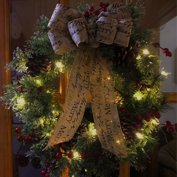 Rustic Burlap Farmhouse Christmas Bow, Christmas Holidays Script Burlap ...