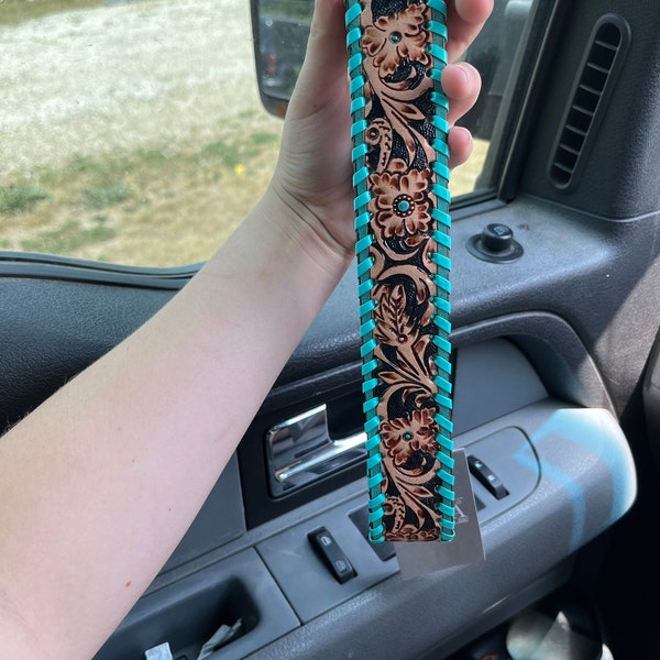 Western Leather Turquoise Black Beaded Bling Dog Collar main image 0