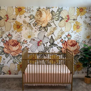 Watercolor Flowers Nursery Wallpaper - Peel and Stick Mural for Bedroom - Vintage Pastel Boho Flowers Wallpaper - Baby Room Mural