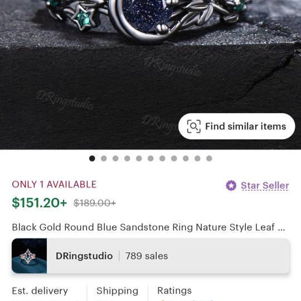 Black Gold Round Blue Sandstone Ring Nature Style Leaf Band