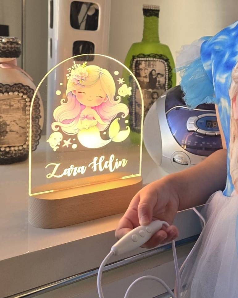 Personalised Night Light baby gift - Custom Name Nursery Night Light - Rainbow Mermaid