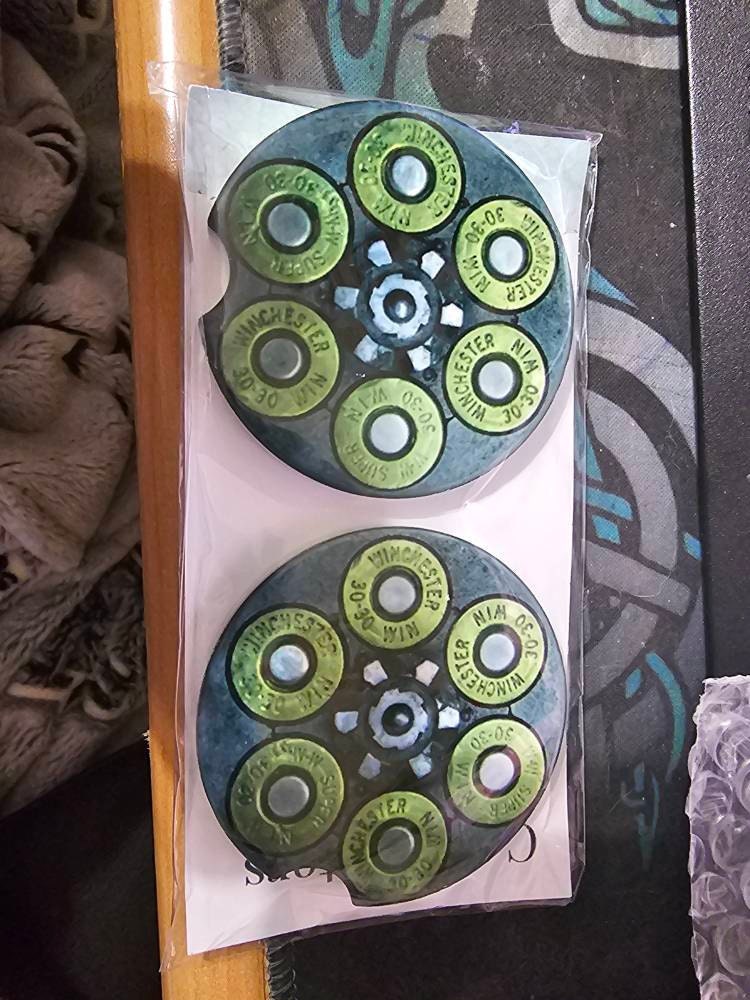 Car Coaster Set of 2  Bullet Gun Ammo Themed Neoprene Rubber or Ceramic Sandstone Drink Cushion Vehicle Travel Accessory Gift for Him or Her